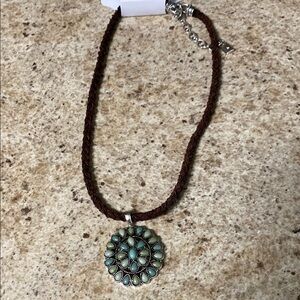 Chaps Silver and Green Necklace with Circular Pendant